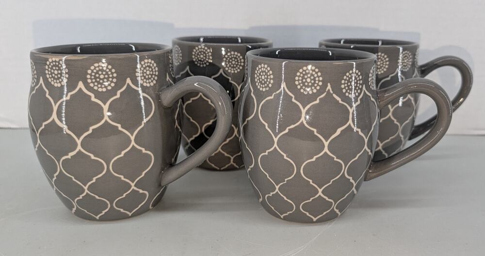 Baum Moroccan Mugs Set of 4 Gray & White Ceramic Coffee Tea Cups
